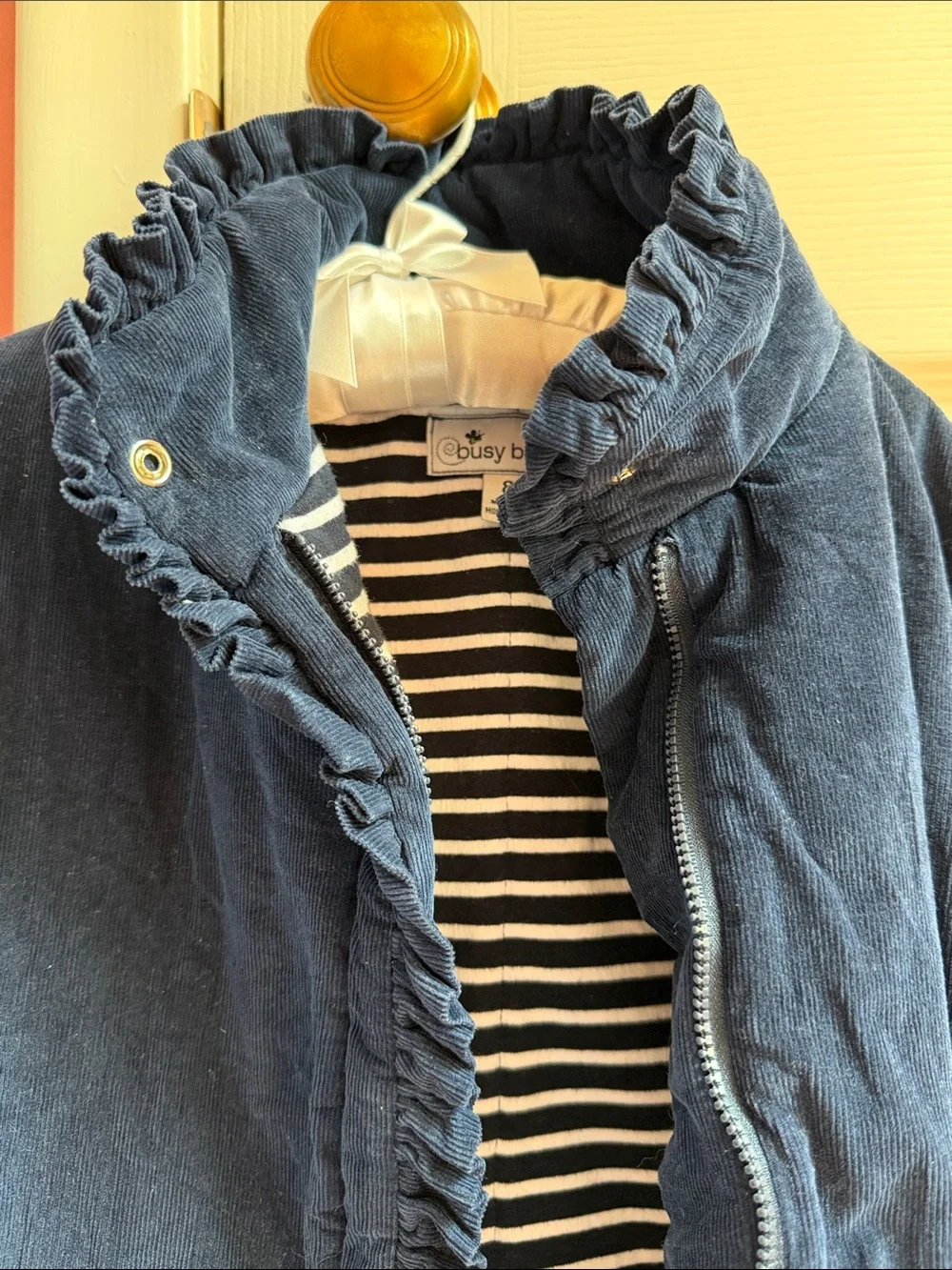 Girls Navy Corduroy Navy Blue Ruffled Front Jacket